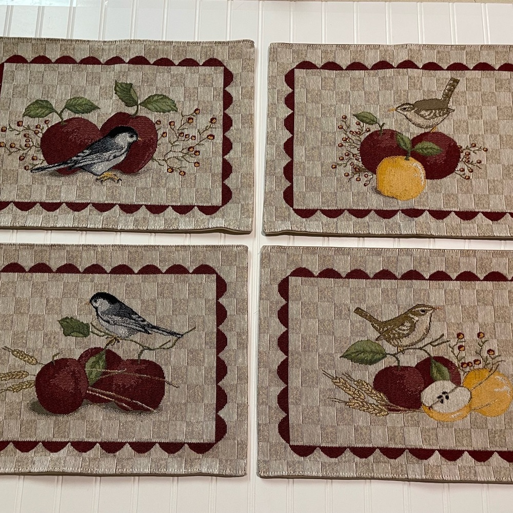 Tapestry 4 Placemats Birds Perched on or Near Fruit and Berries Set 4